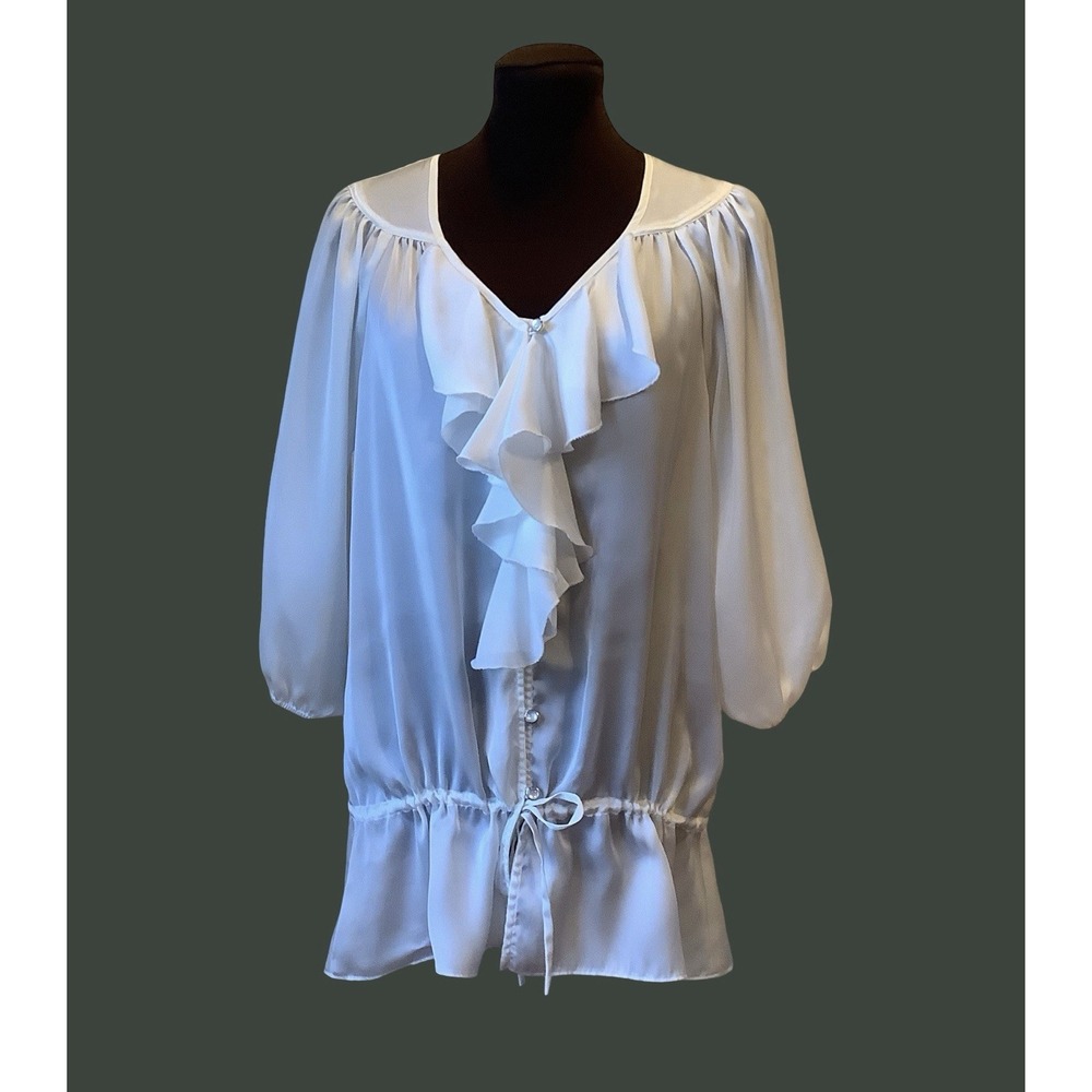 Ivory Blouson Drawstring Ruffle Blouse Spense Pirate Top Flirty Romantic Sz S
